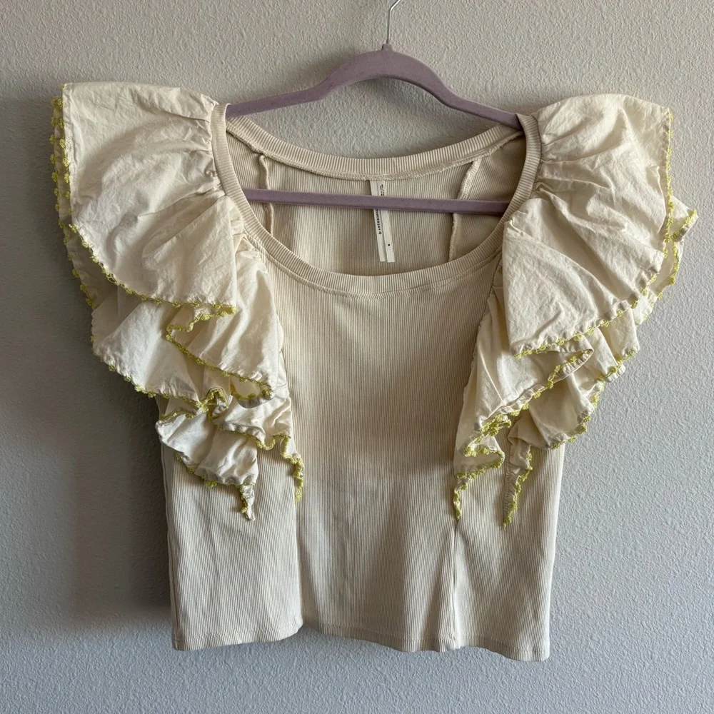 Anthropologie Oversized Ruffles Short Sleeve Ribbed Top Women’s Medium Cream - Picture 5 of 12